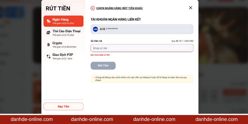 Điền thông tin rút tiền lô đề