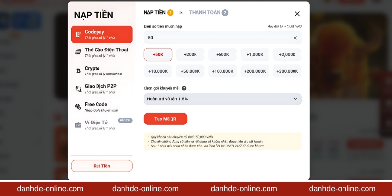 Tạo mã QR nạp tiền