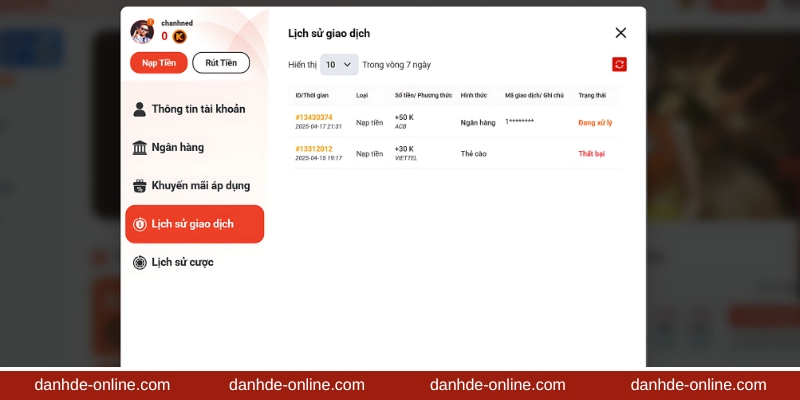 Lịch sử giao dịch nạp tiền