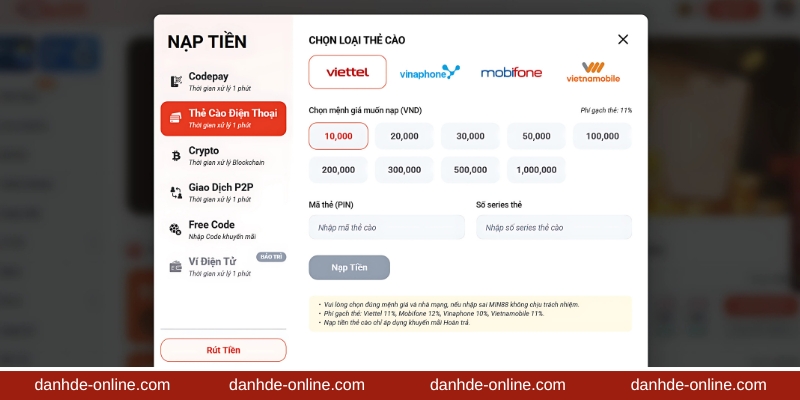 Chọn hình thức nạp tiền lô đề bằng thẻ cào điện thoại